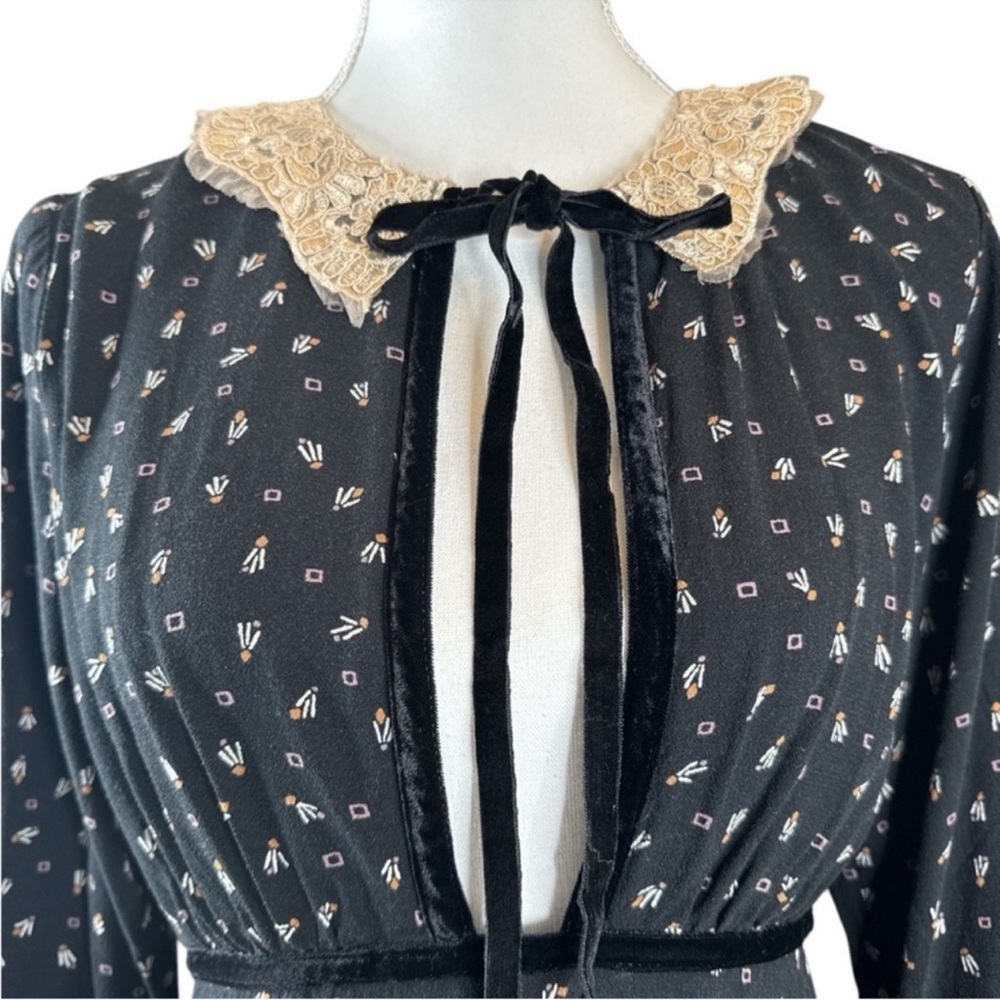 FREE PEOPLE Sweet Delfina Black Lace Collar Mini Dress, Velvet Trim, Size L. - Picture 9 of 13